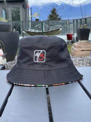 Def3 Embroidered Logo Bucket Hat - Slightly Smaller Fit / Teen / Youth Size / Black - w/ Mushroom patterned inside liner