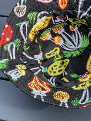 Def3 Embroidered Logo Bucket Hat - Slightly Smaller Fit / Teen / Youth Size / Black - w/ Mushroom patterned inside liner - Image 5