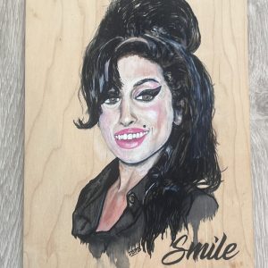 Amy Winehouse Original Def3 Painting – Smile Series 8.5″ x 11″ Mixed media on Wood