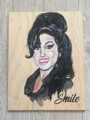 Amy Winehouse Original Def3 Painting – Smile Series 8.5″ x 11″ Mixed media on Wood